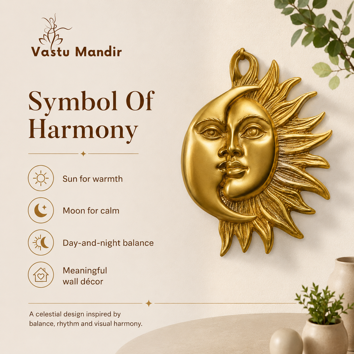 Brass Sun and Moon wall hanging symbolism infographic for the combined sun and moon motif