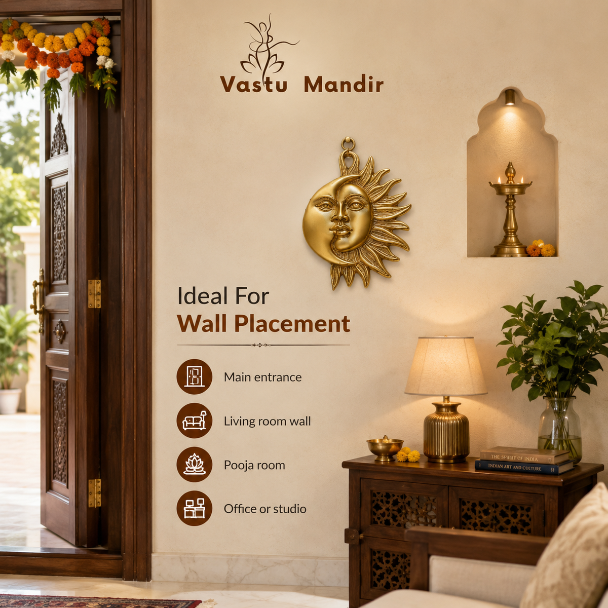 Brass Sun and Moon wall hanging displayed on a living-room wall above a wooden console