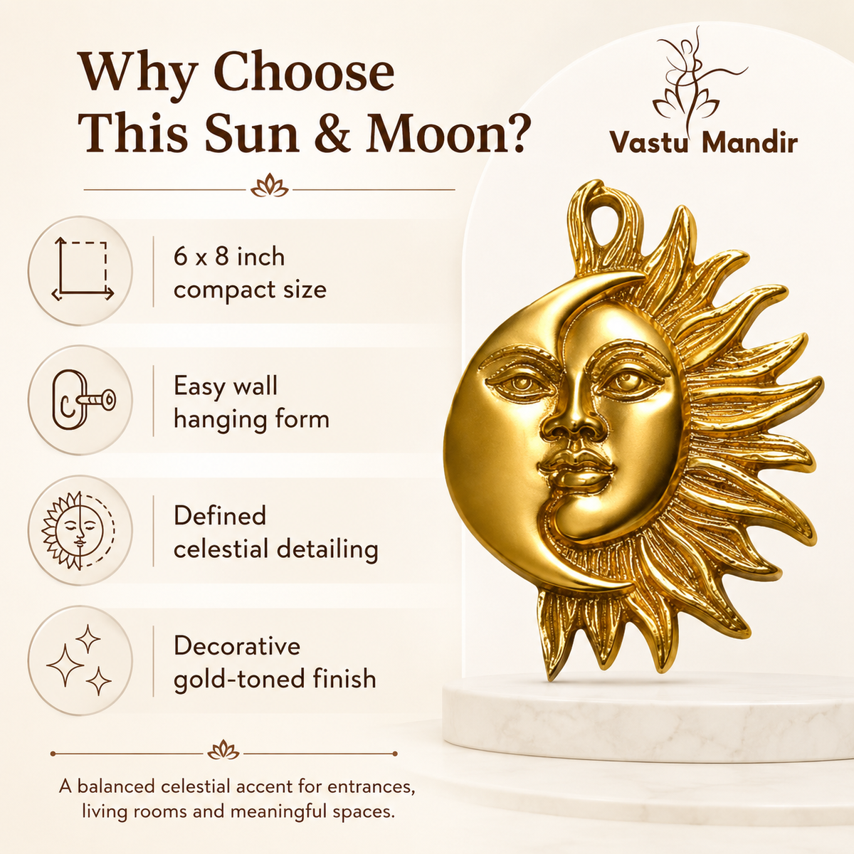 Brass Sun and Moon wall hanging feature infographic highlighting compact size, wall loop and detailing