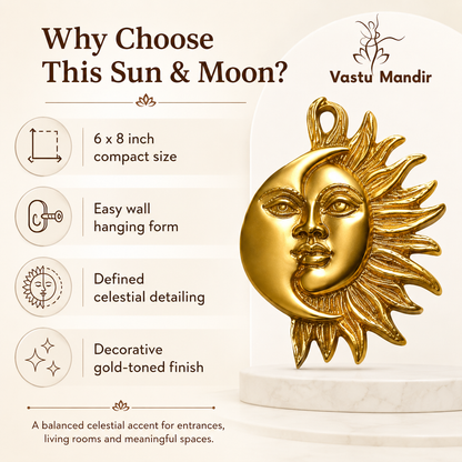 Brass Sun and Moon wall hanging feature infographic highlighting compact size, wall loop and detailing