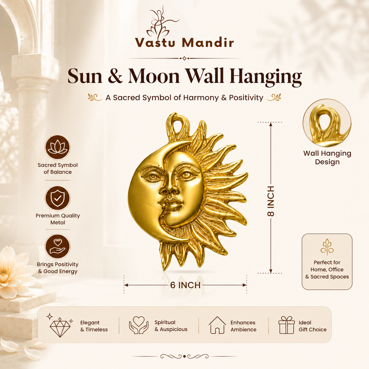 Brass Sun and Moon wall hanging dimension infographic showing 6-inch width and 8-inch height