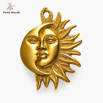 Brass Sun and Moon wall hanging front view isolated on white background