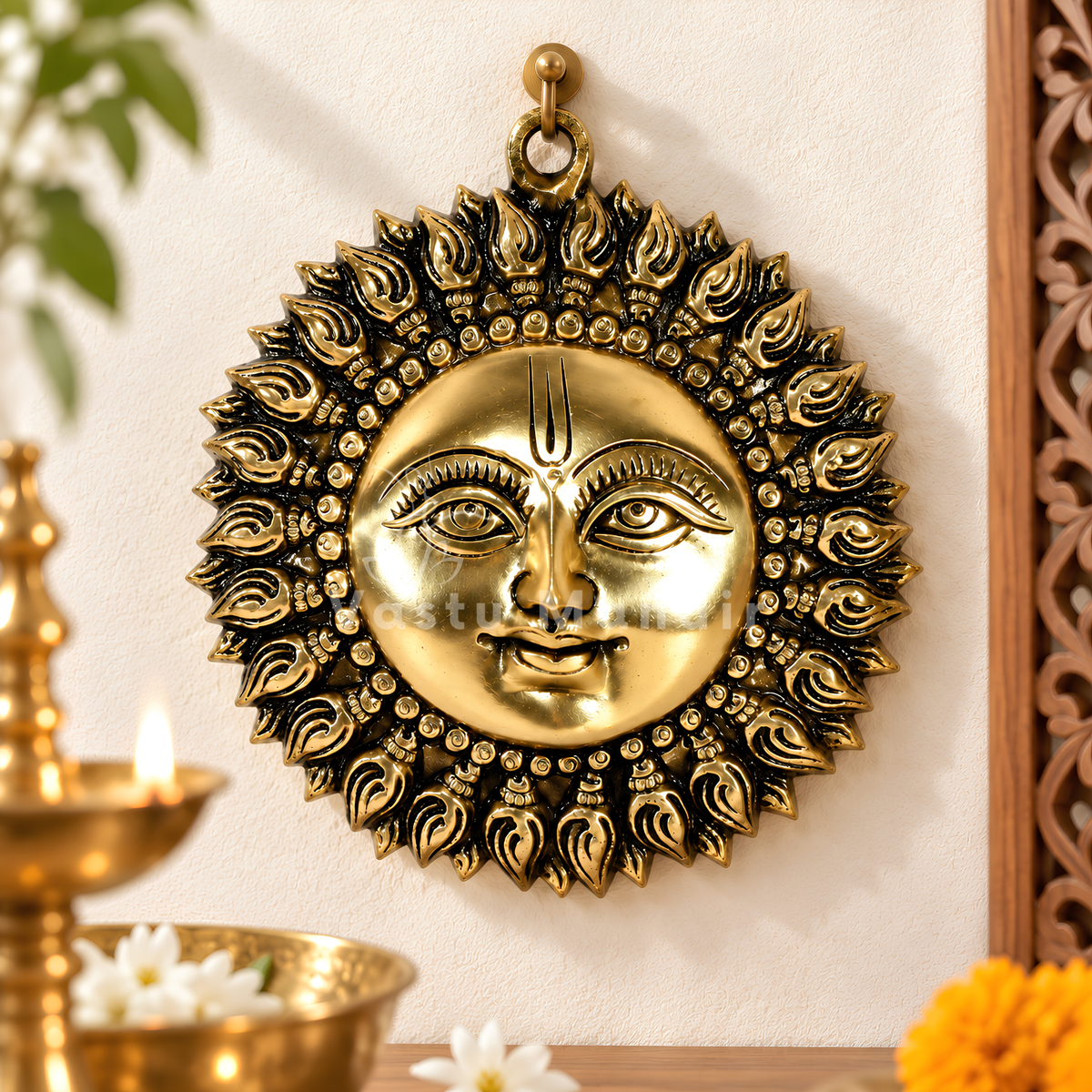 Brass Surya (Sun) Ji Wall Hanging Idol Vastu Remedy for East Direction Support, Fame and Positive Energy for Home, Office and Entrance Placement | 15 x 15 cm | 720 gm