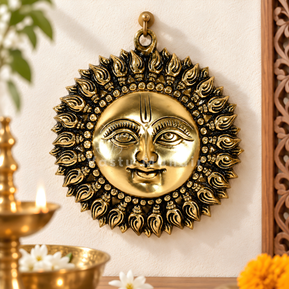 Brass Surya (Sun) Ji Wall Hanging Idol Vastu Remedy for East Direction Support, Fame and Positive Energy for Home, Office and Entrance Placement | 15 x 15 cm | 720 gm