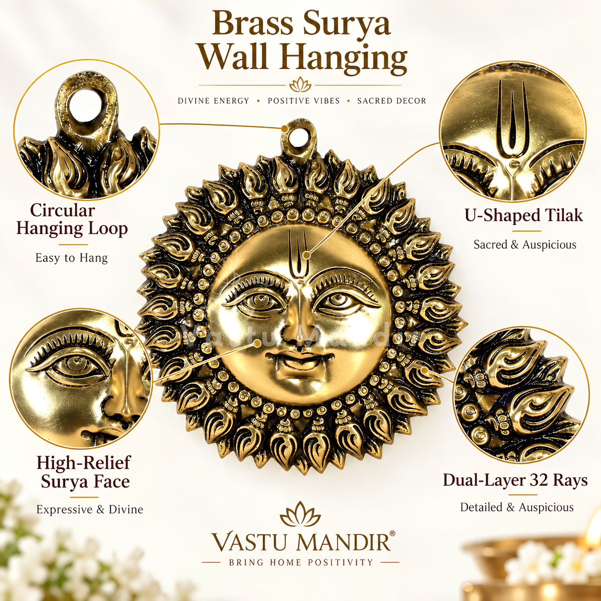Brass Surya (Sun) Ji Wall Hanging Idol Vastu Remedy for East Direction Support, Fame and Positive Energy for Home, Office and Entrance Placement | 15 x 15 cm | 720 gm