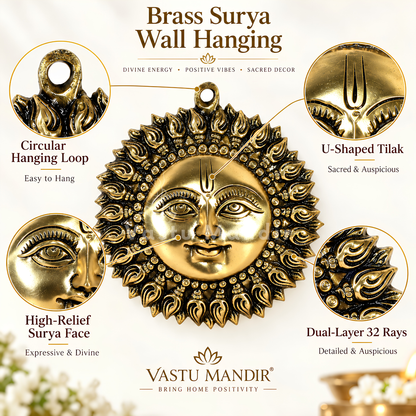 Brass Surya (Sun) Ji Wall Hanging Idol Vastu Remedy for East Direction Support, Fame and Positive Energy for Home, Office and Entrance Placement | 15 x 15 cm | 720 gm
