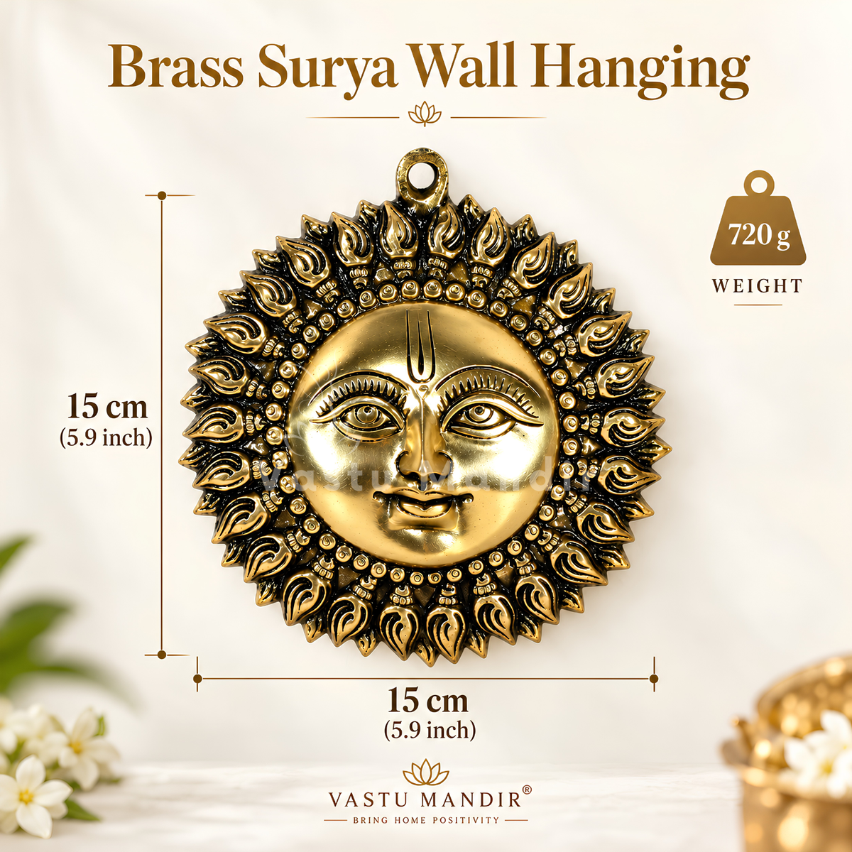 Brass Surya (Sun) Ji Wall Hanging Idol Vastu Remedy for East Direction Support, Fame and Positive Energy for Home, Office and Entrance Placement | 15 x 15 cm | 720 gm