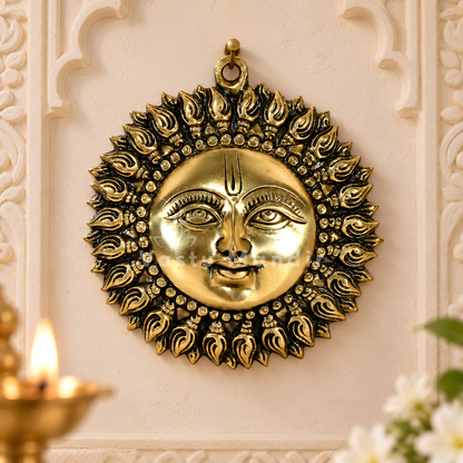 Brass Surya (Sun) Ji Wall Hanging Idol Vastu Remedy for East Direction Support, Fame and Positive Energy for Home, Office and Entrance Placement | 15 x 15 cm | 720 gm