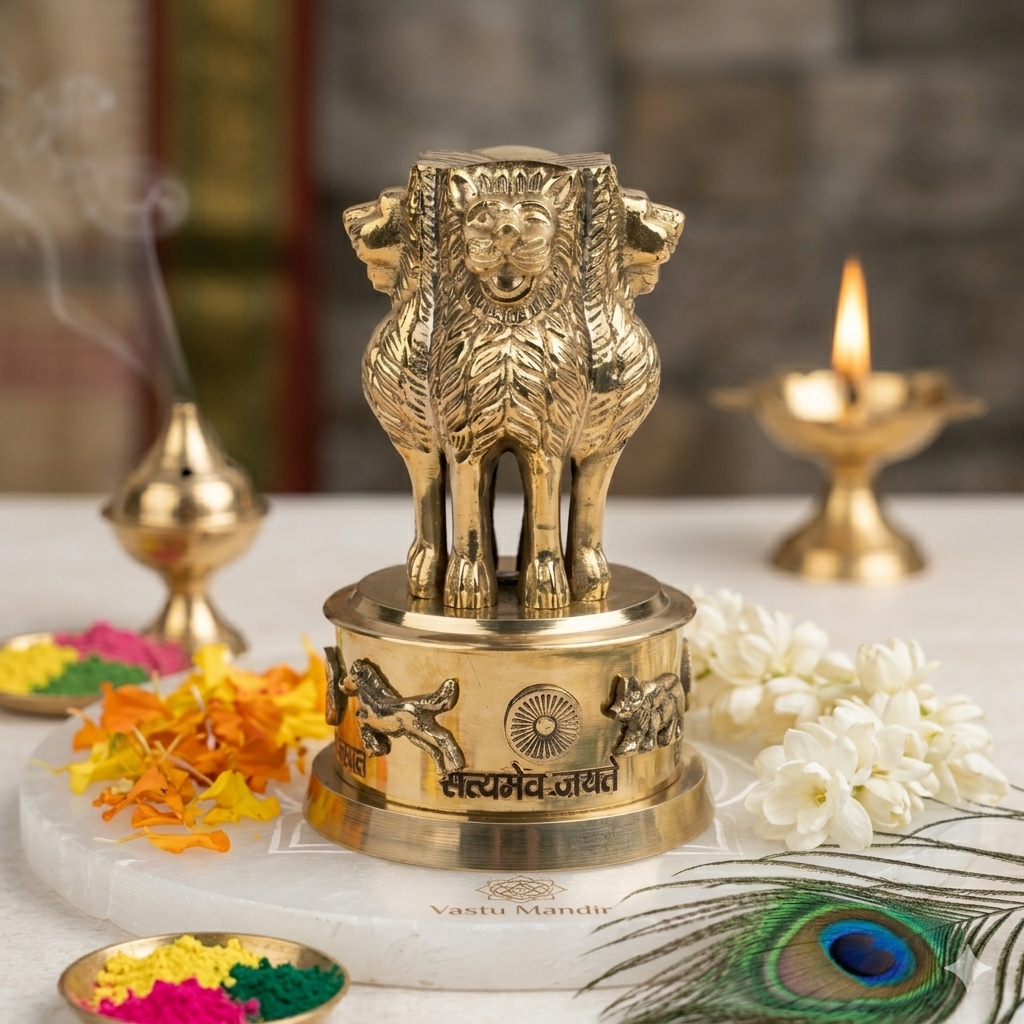 Brass Ashoka Stambh idol angled view on a sacred white plate with flowers