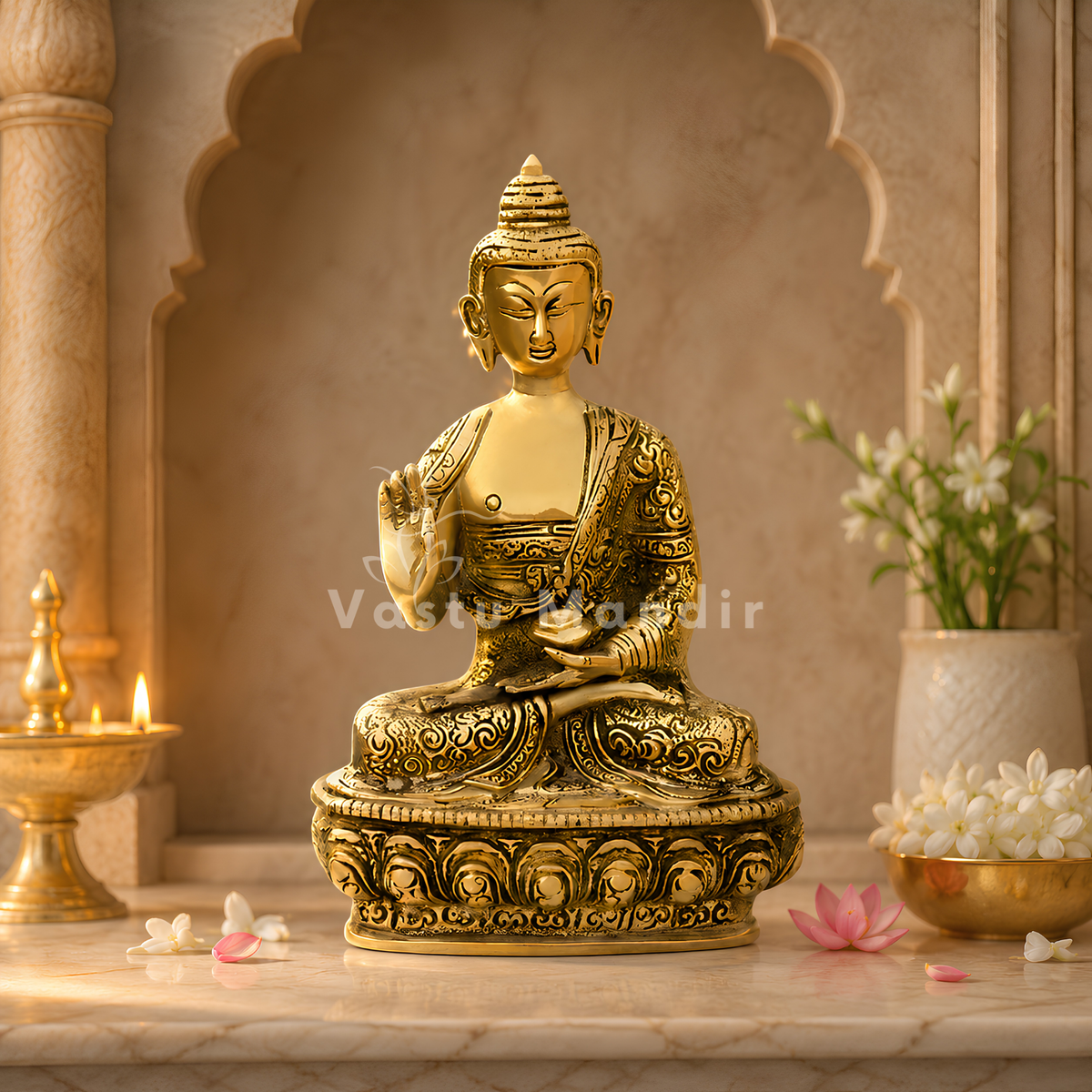 An ornate gold-toned seated Buddha statue with intricate carvings, displayed on a marble surface in a styled interior setting with flowers, a brass lamp, and arches in the background.