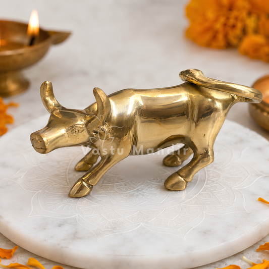 A polished brass bull figurine, displayed on a white marble Plate with a lit oil lamp and orange marigold petals in the background.