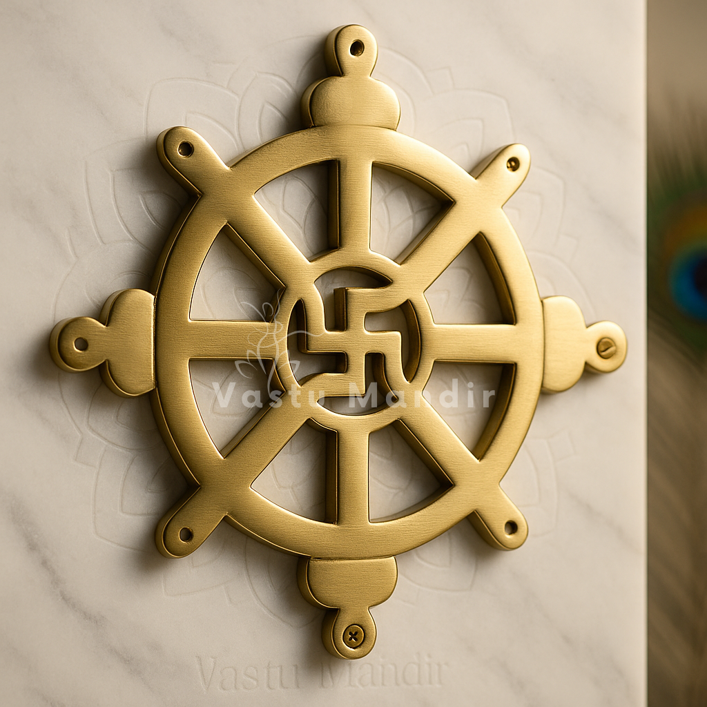 Brass Chakra Satiya with intricate design on a textured beige background