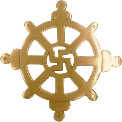 Brass Chakra Satiya wheel and Swastik symbol on a clean white background