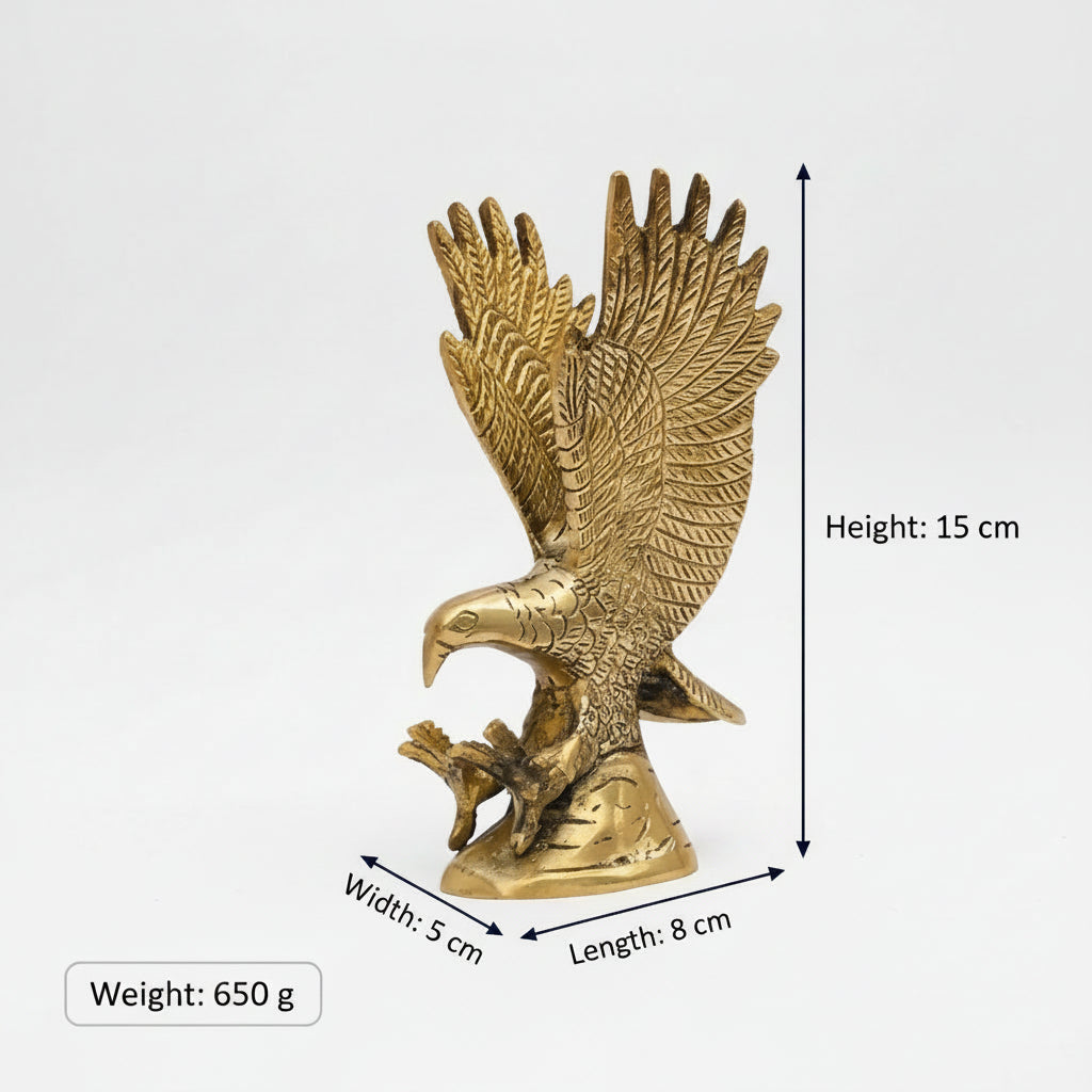 Brass Eagle Idol on a white background with Size lines and weight