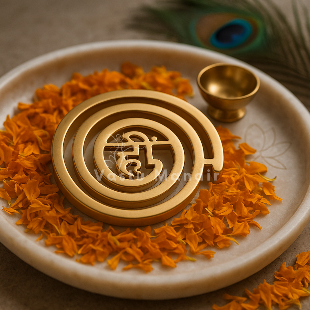 Brass Hii Vastu spiral helix displayed on a marble plate with marigold petals