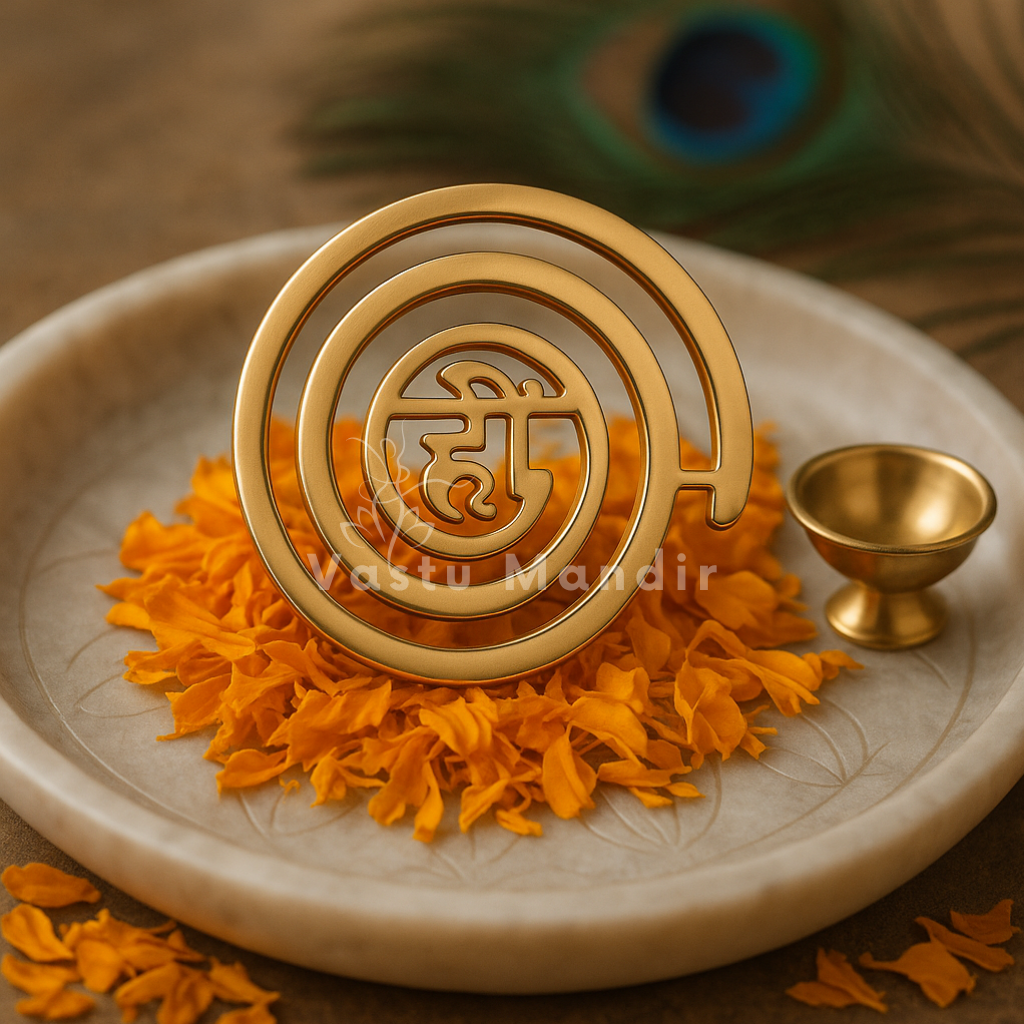 Brass Hii symbol spiral helix on a plate with marigold flowers and a small bowl, featuring 'Vastu Mandir' branding.