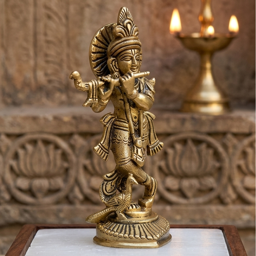 Brass Krishna Ji idol displayed in a carved temple-style setting beside a diya