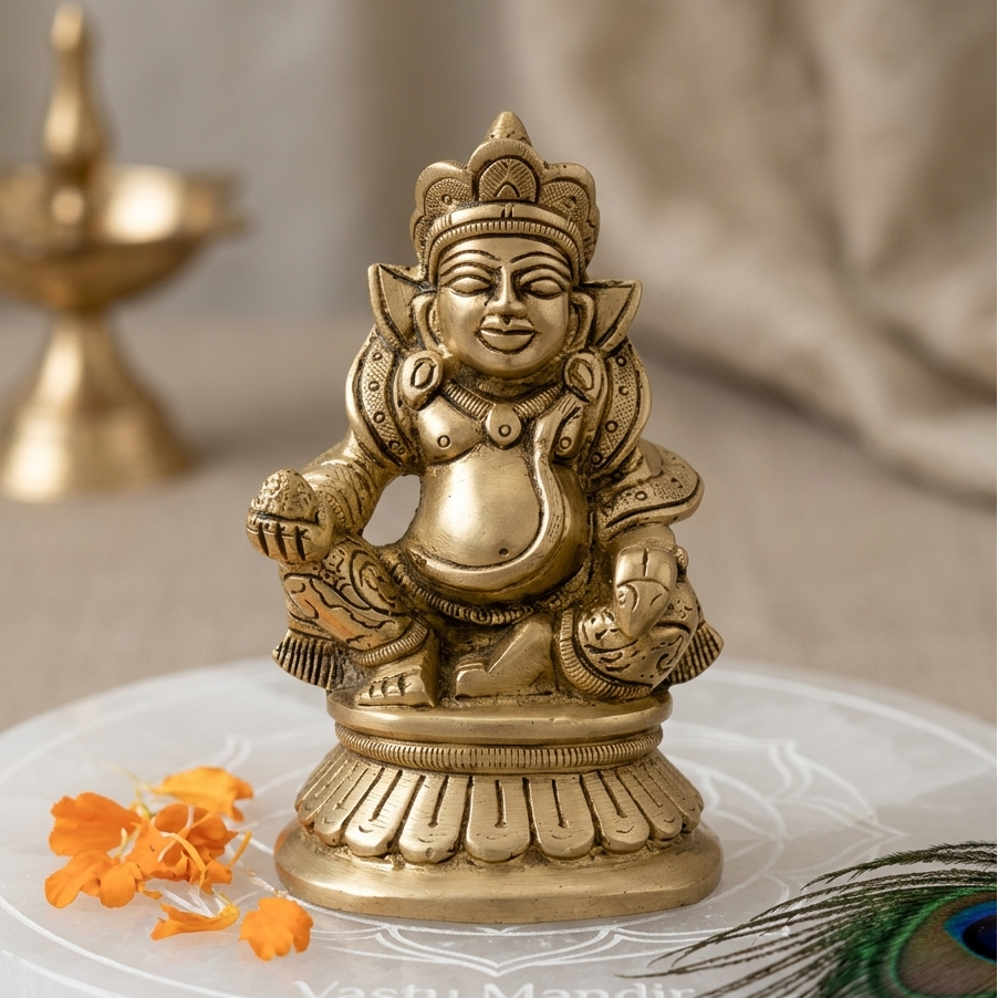 Brass Kuber Ji idol alternate front angle on a white sacred plate