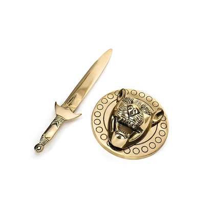 Brass lion face with removable talwar separate talwar and lion medallion components isolated on white