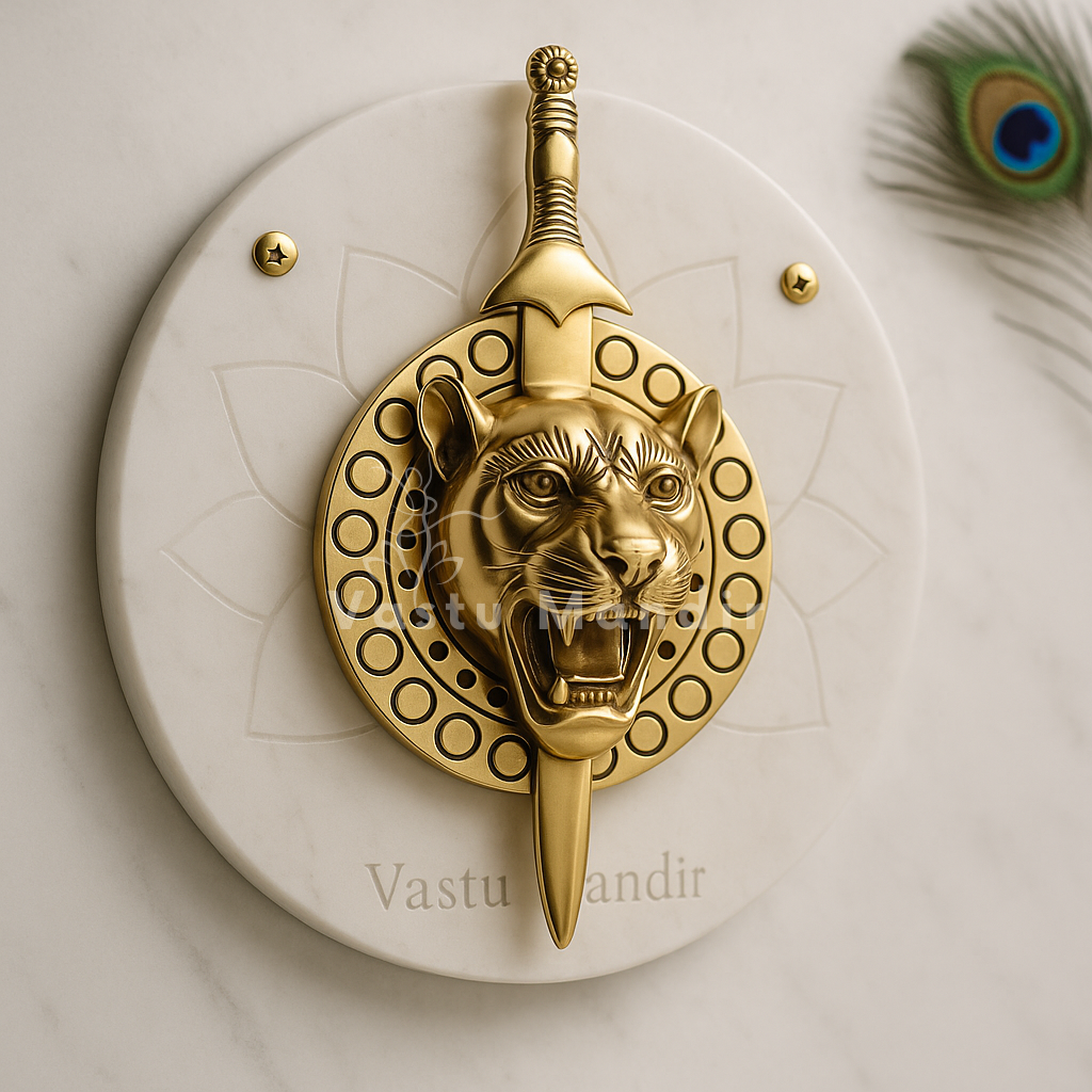 Brass lion face with removable talwar mounted on a white marble backing plate with peacock feather