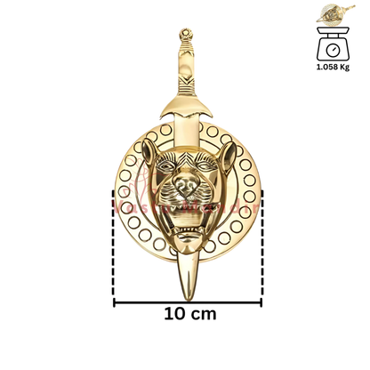 Brass lion face with removable talwar dimension image showing the 10 cm circular lion face