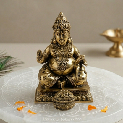 Brass Lord Dhan Kuber Ji idol on a sacred white plate with diya and floral accents
