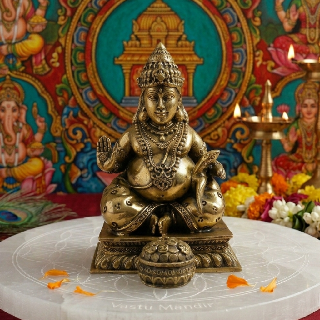 Brass Lord Dhan Kuber Ji idol displayed against a colourful temple-art backdrop