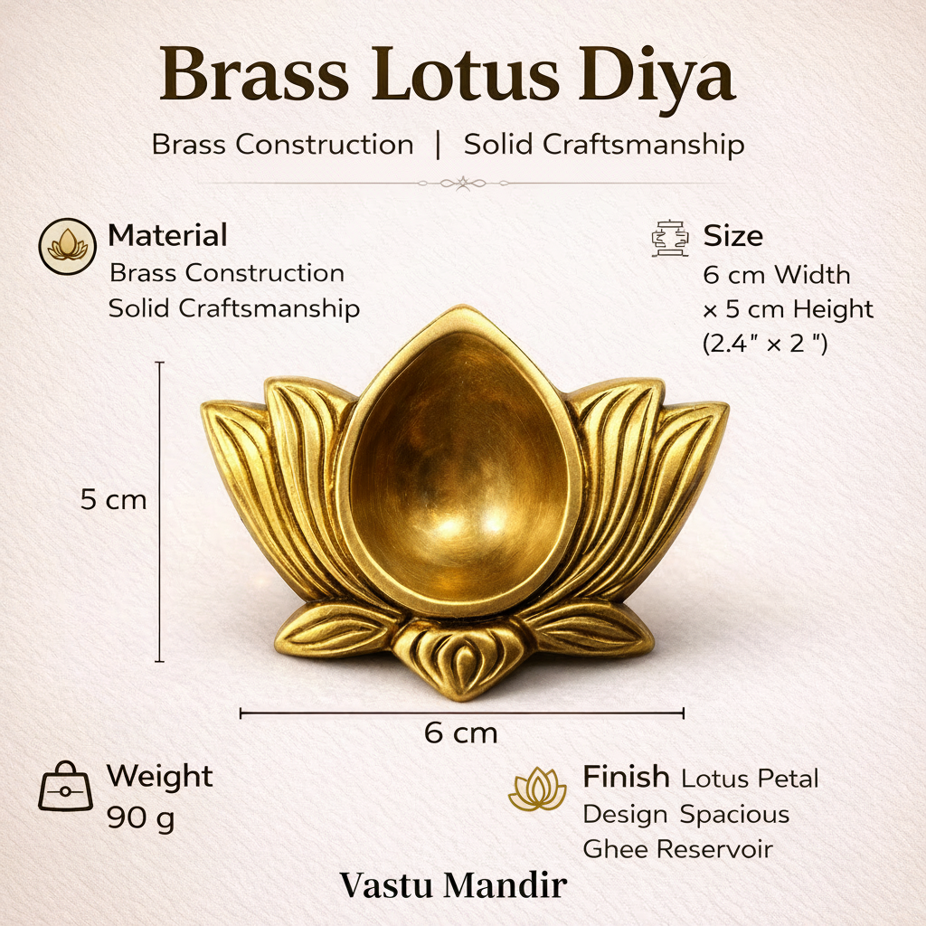 Brass Lotus Diya with material, size, weight, and finish details on a beige background