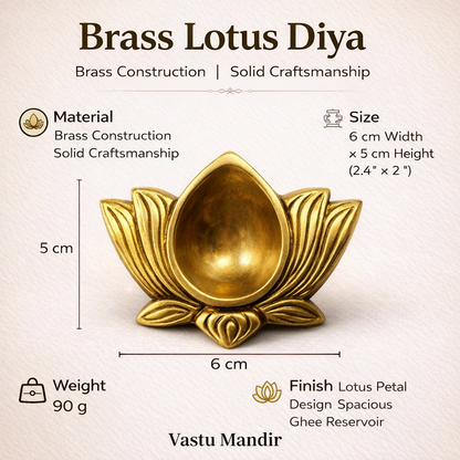 Brass Lotus Diya with material, size, weight, and finish details on a beige background