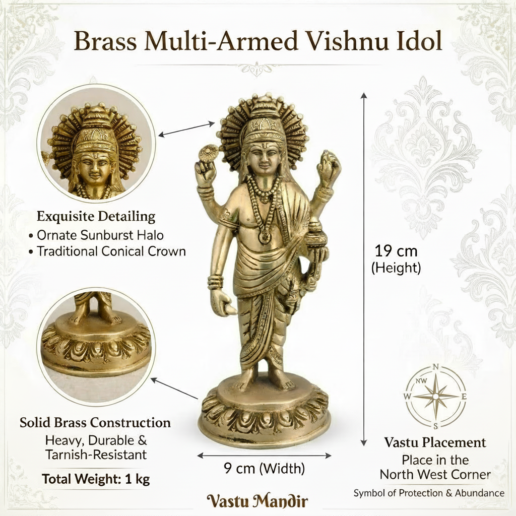 Pure brass Dhanvantri Ji idol feature infographic showing the multi-armed deity form and brass details