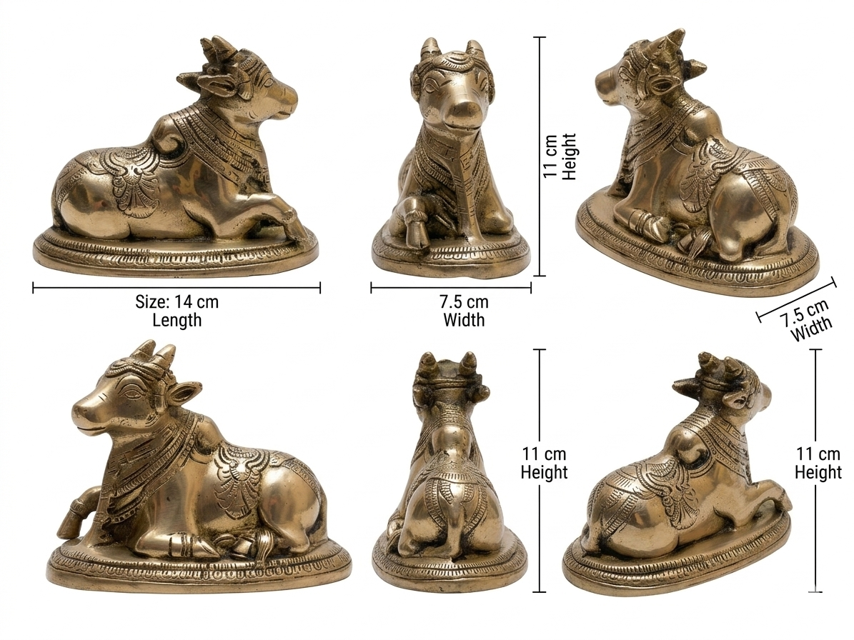 Set of five Brass Nandi statues with dimensions on a white background