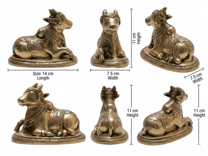 Set of five Brass Nandi statues with dimensions on a white background