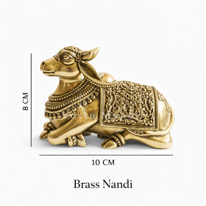 Premium brass Nandi bull idol feature infographic highlighting the seated Nandi form and carvings