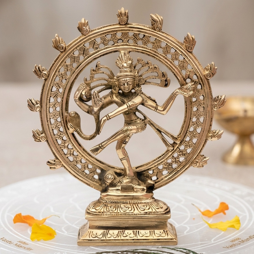Brass Nataraja idol on a sacred white surface with diya and flowers