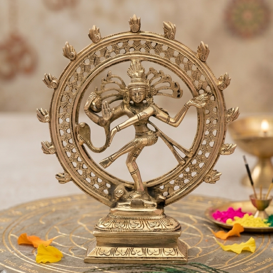 Brass Nataraja idol alternate front angle with the circular flame halo visible