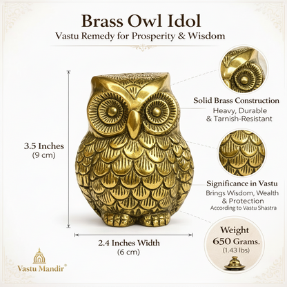 Brass owl idol dimension and weight infographic for the brass owl