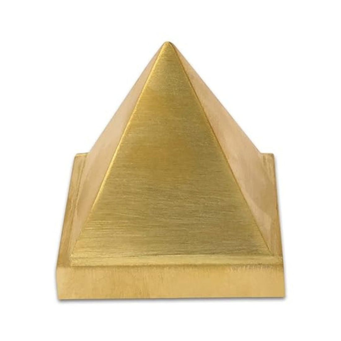 Front close-up of solid brass pyramid isolated on white background