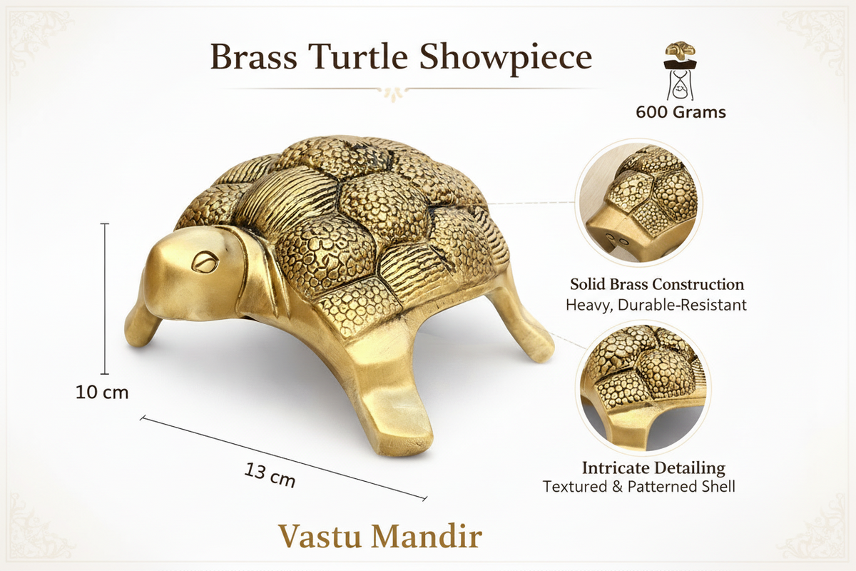 Brass small tortoise idol feature infographic highlighting shell texture and solid brass body