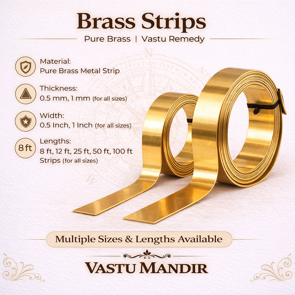 Pure brass Vastu strip product specifications on a branded white-background graphic