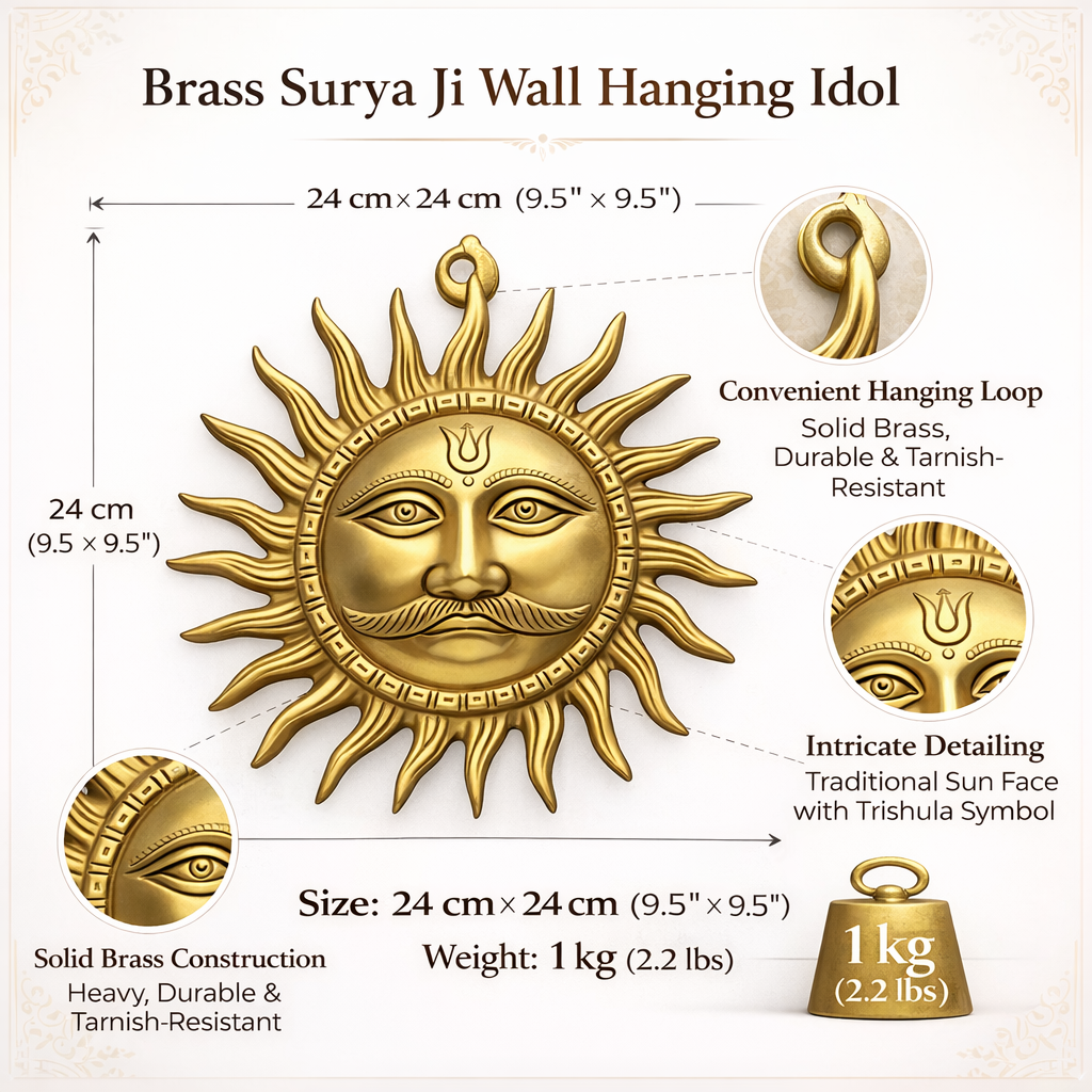 Large brass Surya wall hanging feature and dimension infographic showing 24 cm size and 1 kg weight