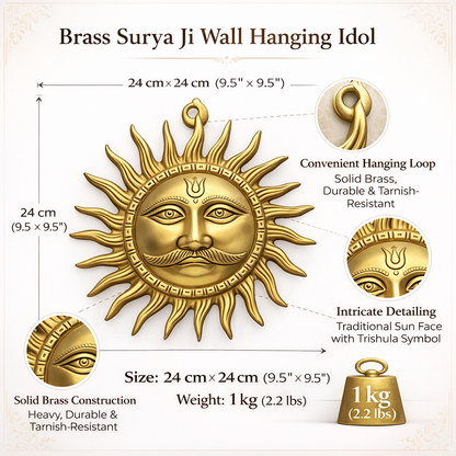Large brass Surya wall hanging feature and dimension infographic showing 24 cm size and 1 kg weight