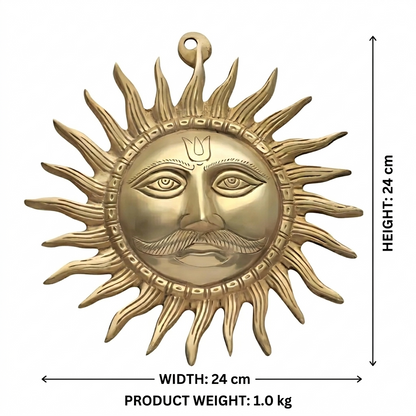Large brass Surya wall hanging dimension image showing 24 cm width and height