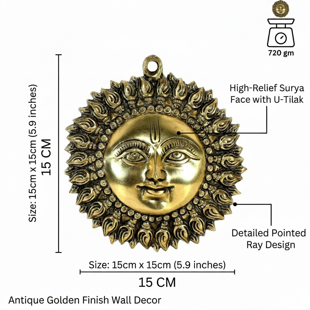 Brass Surya (Sun) Ji Wall Hanging Idol Vastu Remedy decor with measurements and details on a white background