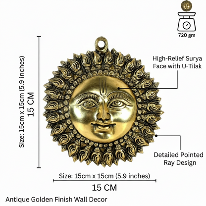 Brass Surya (Sun) Ji Wall Hanging Idol Vastu Remedy decor with measurements and details on a white background