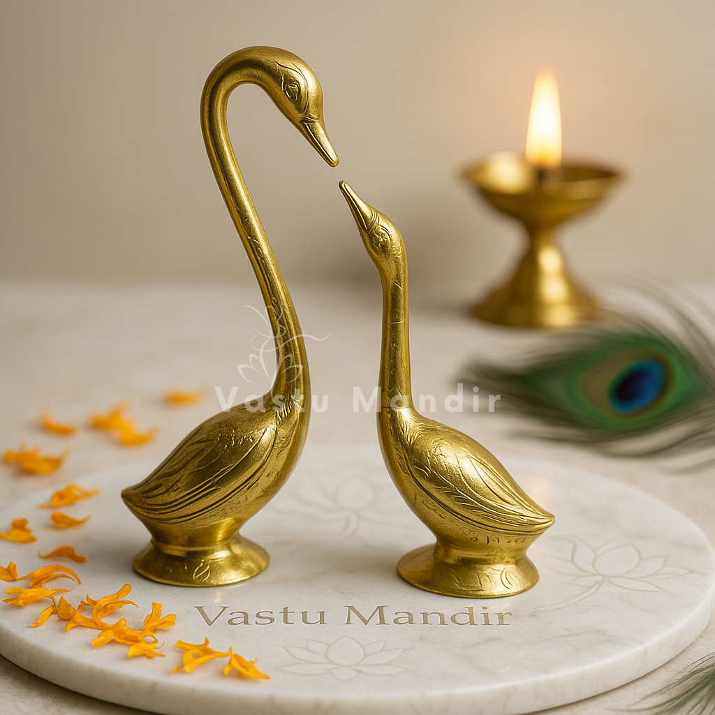 Brass swan pair alternate pair arrangement on a sacred white plate