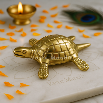 Brass tortoise idol with yantra grid on a sacred marble plate with marigold petals and diya