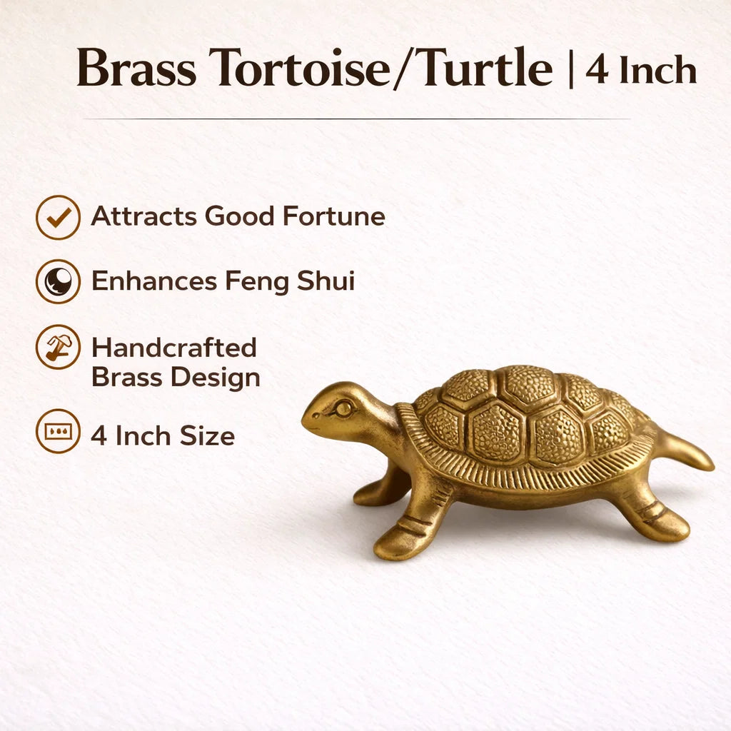 Brass tortoise/turtle figurine with a hexagonal shell, forward-crawling pose, detailed legs/head with text highlighting its attributes on a white background