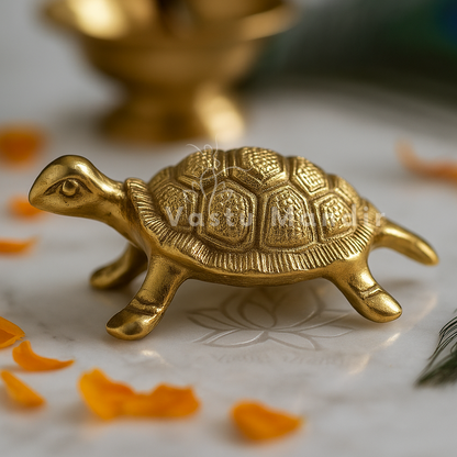 Brass turtle figurine on a decorative surface with a lit candle and peacock feather in the background.
