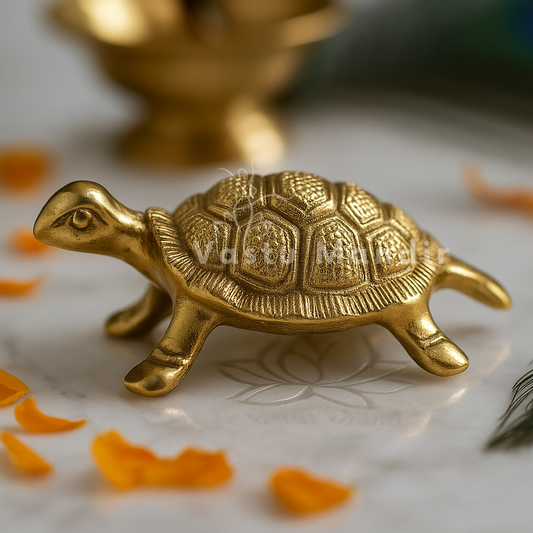 Brass turtle figurine on a decorative surface with a lit candle and peacock feather in the background.
