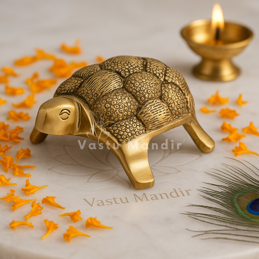 Brass small tortoise idol on a sacred plate with marigold petals and diya